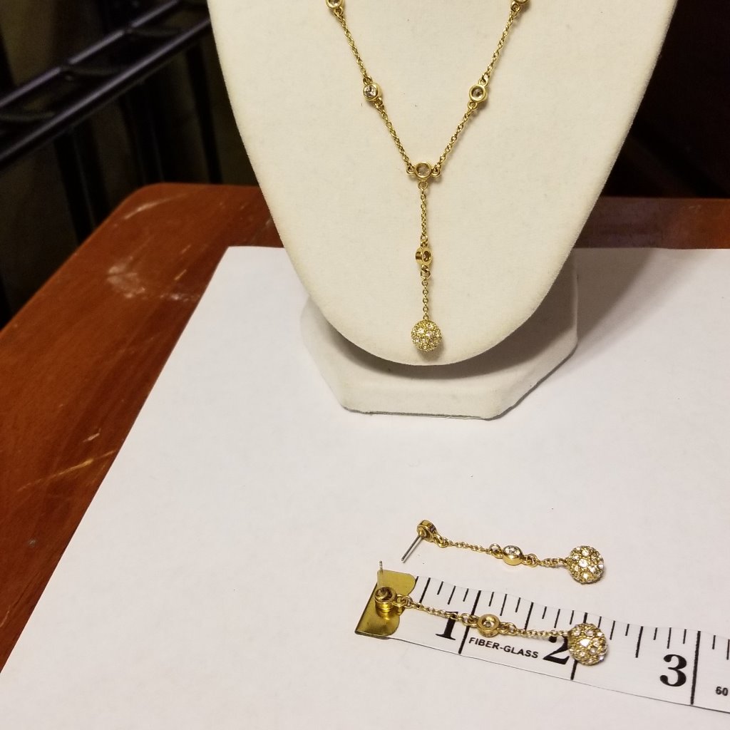 Crystal Ball Y Necklace & Earrings - Gold Tone